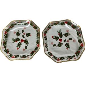 Vintage‎ Holly Berry Christmas Dessert Plates Gold Rim Octagon Set 2 Mid Century
